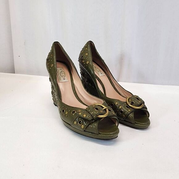 Oscar by Oscar de la Renta Leather Green Studded Wedges Heel in size 7.5 - Picture 1 of 9